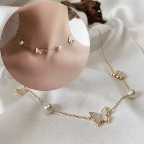 Antique Pearl Chain Necklace With Rhinestone Butterfly Pendant Charms Gold Color Neck Jewelry For Women Party Gift Ideas