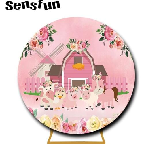Sensfun Pink Farm Theme Round Backdrop Cover Flowers Baby Animals Girls Birthday Party Circle Photography Background Customized