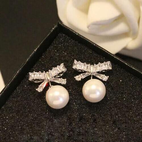 Delicate Pearl Bow Stud Earrings For Women Girls 2021 New Small Silver Color Earrings Jewelry Bijoux Cute Gifts