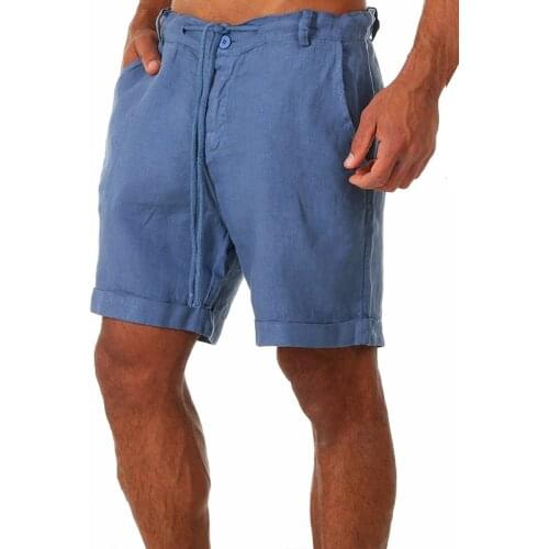 2021new Mens cotton linen shorts Solid color lacing Knee Length casual linen shorts male summer sports Beach Shorts men