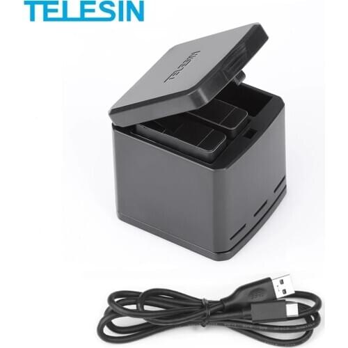 TELESIN 3-Way Battery Charger with Charging USB Type-C 3.0 Cable Storage Box Charger for GoPro Hero 5 Hero 6 7 8 Accessories
