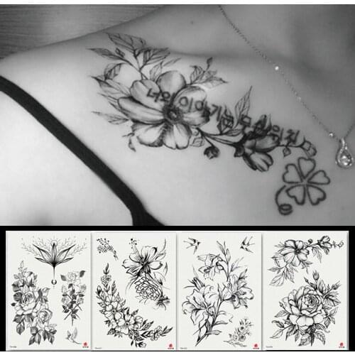 Temporary Tattoo for Women Japanese Korean Black Plain Flower Waterproof Sweatproof Tattoo Stickers Sexy Female Fake Tattoos