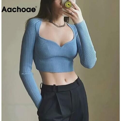 Aachoae Sexy V Neck Knitted T Shirt Women Solid Color Fashion Long Sleeve Bodycon Crop Top 2021 Female Chic Tops Tee Shirts