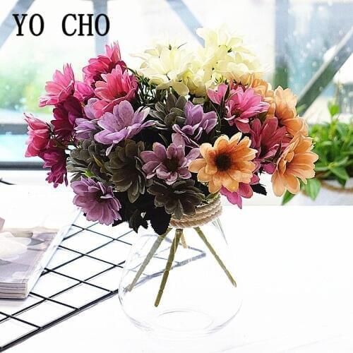 YO CHO Wedding Mini Bouquet 5 Fork 10 Heads Silk Daisy Artificial Flower Fake Daisy Purple Blue Gerbera Home Party Wedding Decor