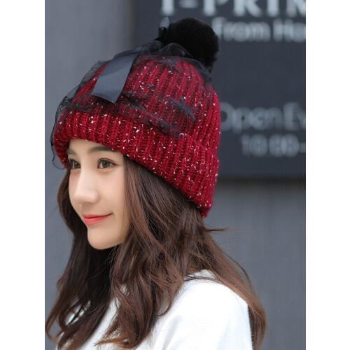 Double Wool Ball Knitted Hat Female Autumn Winter Cycling Wool Cap With Mesh Fashion Winter Hats New Lady Beanies