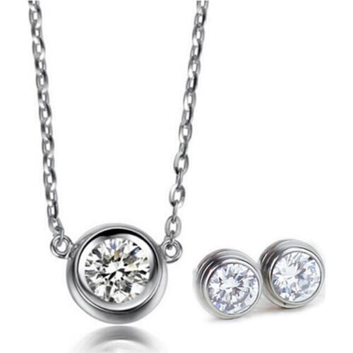 Womens Rose Gold Color Stainless Steel Zircon Crystal Jewelry Sets Chain Necklace+Earrings