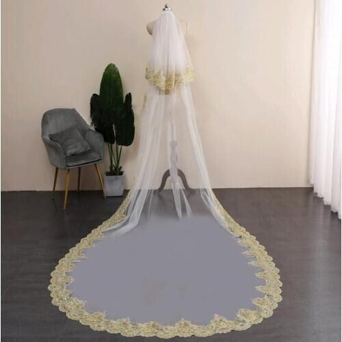 Gold Lace Two Layer Wedding Veil Cathedral White Ivory Gorgeous Brides Unique Veils With Comb