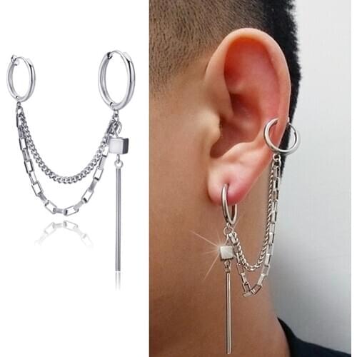 1pc Irregular Long Chain Tassel Cuff Earring for Men Unisex Jewelry Rock Stainless Steel Clip Earrings without Piercing kolczyki