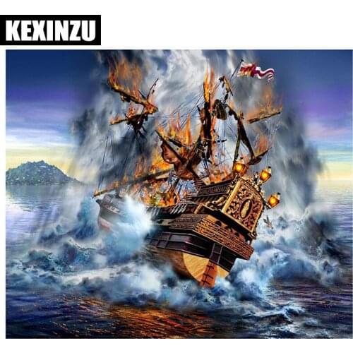 5D DIY Diamond embroidery Sailing ships on the sea Fire Boat diamond Painting Cross Stitch Rhinestone Mosaic decoration gift