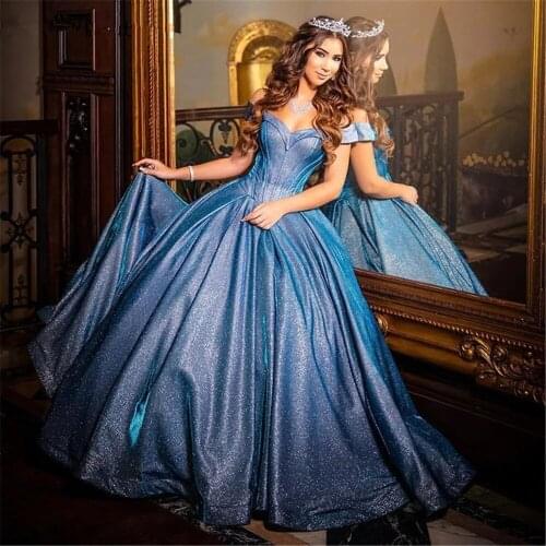 Glitter Blue Sequins Quinceanera Dresses Off Shoulder Formal Party Gowns Sweet 16 Dress vestido de 15 anos 2021 Prom Ball Gowns
