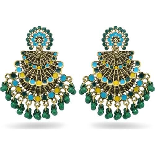 Bohemia Gypsy Retro Gold Metal Earring Resin Beaded Large Dangling Earrings For Women Jhumka Indian Turk Jewelry