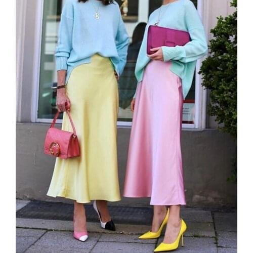 Elegant Satin Viscose Acetate Midi Gloss Neon Yellow Mermaid Simple Chic High Waist A-Line Bais-Cut Party Handkerchief Day Skirt