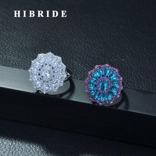 HIBRIDE New Fashion Jewelry Big Flower Shape Cubic Zirconia White Color Finger Rings for Women Evening Party Bijoux Femme R-263
