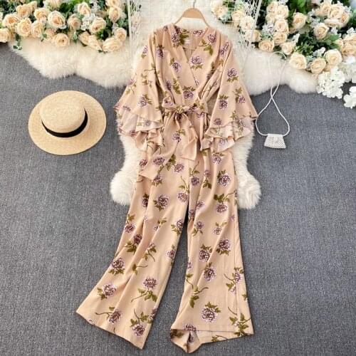 SINGRAIN Women Boho Floral Jumpsuits Korean Slim V Neck Flare Sleeve Bow Sashes Rompers Spring Print Wide Leg Long Rompers