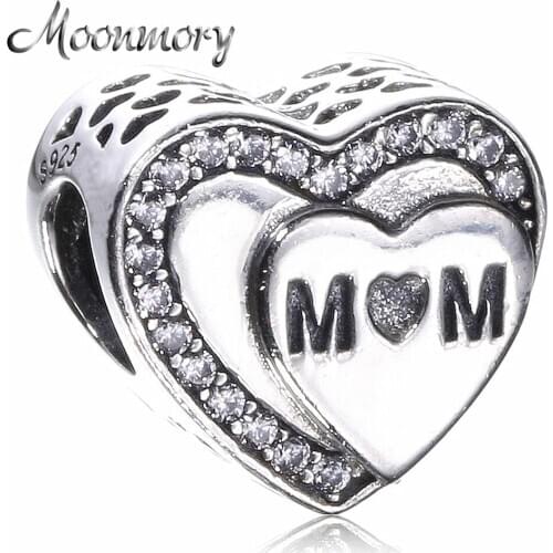 Moonmory Authentic 925 Sterling Silver Love Heart Chram Bead With Clear Zircon Fits Original Brand Bracelets Motherdays Gift
