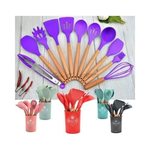 12PCS Silicone Cooking Utensils Set Non-stick Spatula Shovel Wooden Handle Cooking Tools Set With Storage Box Kitchen Tools