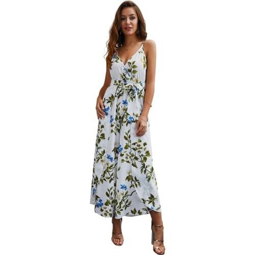 European and American fashion sexy loose womens jumpsuit 2019 summer new V-neck split print straps jumpsuit