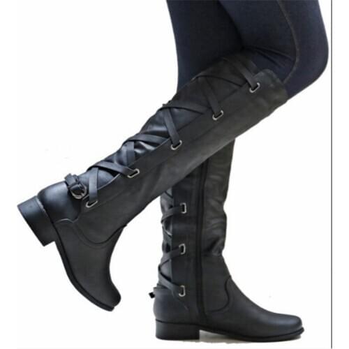 New Women Mid Calf Boots Autumn Winter Buckle Flat Heels Shoes Sexy Steampunk Patent Leather Ladies Snow Boots Sepatu Wanita