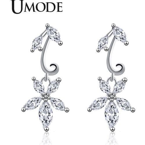 UMODE New Clear Round Zircon Flower Drop Earrings for Women with Branches White Gold CZ Crystal Jewelry Small Drops AUE0488