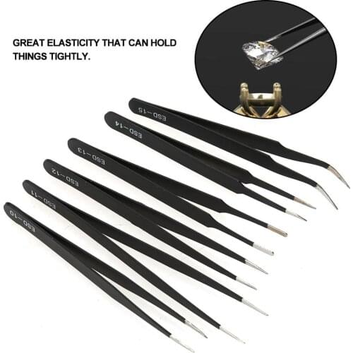 6pcs ESD Stainless Steel Tweezer Anti-static Industrial Precision Curved Straight Tweezer Jewelry Making Repair Maintenance Tool