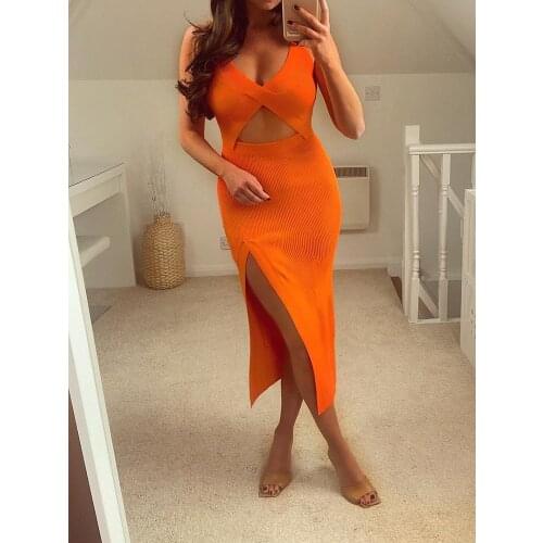 Stylish Chic Front Hollow Out Orange Midi Dress Women 2021 Fashion V-Neck Side Split Strap Dress Female Elegant Vestidos