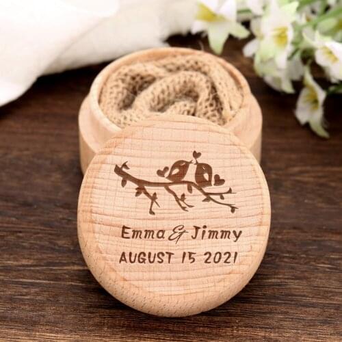 Custom Name Date Wood Engagement Ring Bearer Box Rustic Customize Personalized Wedding Jewelry Wooden Ring Holder Boxes