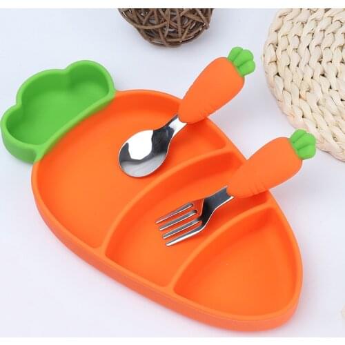 Baby Feeding Tableware Child Carrot Silicone Plate Sucker Bowl Dinnerware Set Toddler Training Bowls with Spoon Learnning Dishes