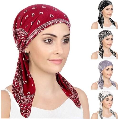 New Muslim Women Soft Turban Hat Headbands Pre-Tied Head Scarf Printed Ladiess Cotton Chemo Cap Inner Hijabs Hair Accessories
