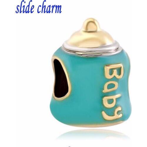 Slide charm Mothers Day childrens jewelry free shipping blue baby bottle charm beads fit Pandora bracelet