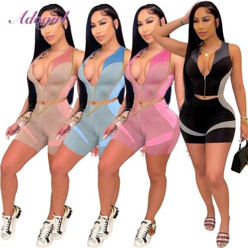Fitness Sportwear Two Piece Set Summer Suit Causal Patchwork Zipper Up Sleeveless Tank Top Bikers Shorts Set Outfit Tracksuit