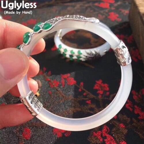 Uglyless Elegant Peacock Bangles for Women Open Chalcedony Bangles Real 925 Sterling Silver Animals Phoenix Jewelry Marcasite