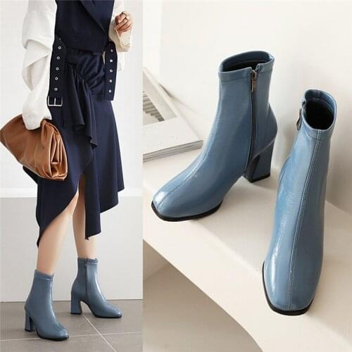 YMECHIC Autumn Party Dress Fashion Shoes 2020 Women Shoes Hoof High Heels Blue Black Faux Patent Leather Ankle Boots Plus Size