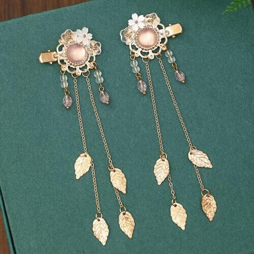 FORSEVEN 1 Pair Gold Color Long Tassels Flower Leaf Hairpins Clips Women Girls Chinese Hanfu Dress Headpieces Hair Ornaments