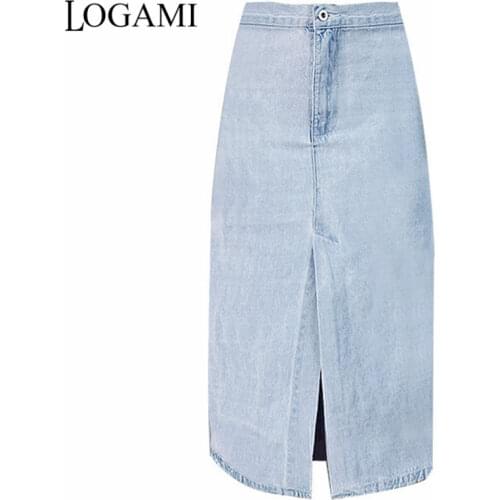 LOGAMI High Waisted Denim Skirt Midi Skirts Womens Knee Length Jeans A-Line Skirt Saia Summer Faldas Mujer 2017