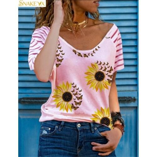 Womens Summer T-shirt 2021 Sunflower Butterfly Printed V-neck Striped Printed Short Sleeve Soft and Comfortable Thin T-shirt