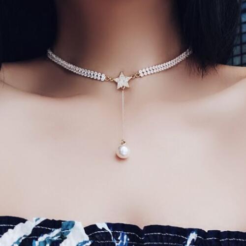 Womens Full crystal star shape pearls chokers necklaces pendants for banquet party all-match Trendy noble lovely necklaces