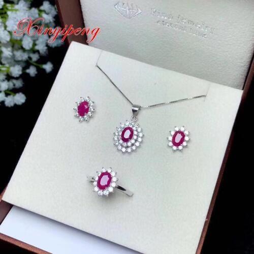 Xin yi peng 925 silver inlaid natural ruby ring necklace pendant earrings jewelry suit a woman exquisite fashion