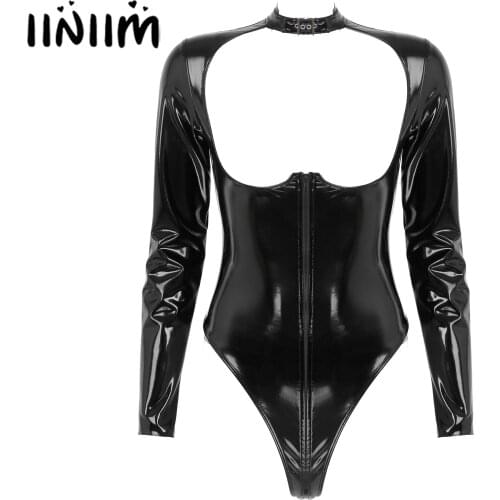 Womens High Cut Leotard Wet Look Catsuit Clubwear Lingerie Zipper Open Breast Patent Leather Erotic Sexy Long Sleeve Bodysuit