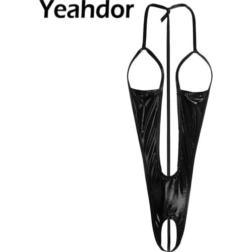 Women Sexy Lingerie Bodysuit Patent Leather Open Cup Bust Backless Crotchless Sleepwear Femme Mankini Nightwear Erotic Underwear