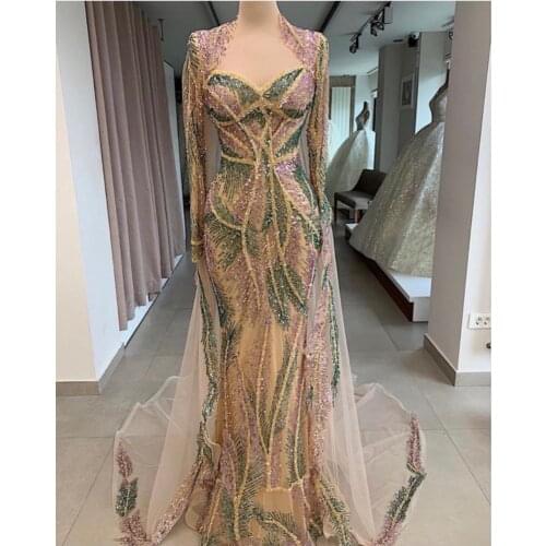 Long Shoulder Evening Gown 2021 Saudi Arabic Vestido De Festa Dubai Glitter Formal Party Dress Celebrity Pageant Prom Gowns