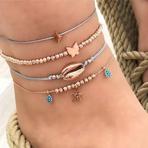 4 Pcs/Set Vintage Handmade Shell Beads Butterfly Anklets for Women Multi Layer Star Leg Chain Bracelet Bohemian Summer Jewelry