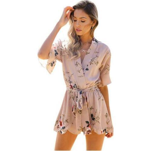 Boho Red Floral Print Ruffles Playsuits Women Elegant Autumn White V Neck Jumpsuits Rompers Sexy Beach Girls Short Overalls
