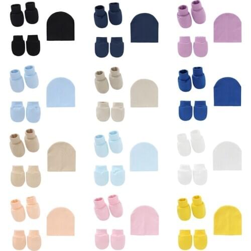 Baby Anti Scratching Knitted Cotton Gloves+Hat+Foot Cover Set Mittens Socks Cap