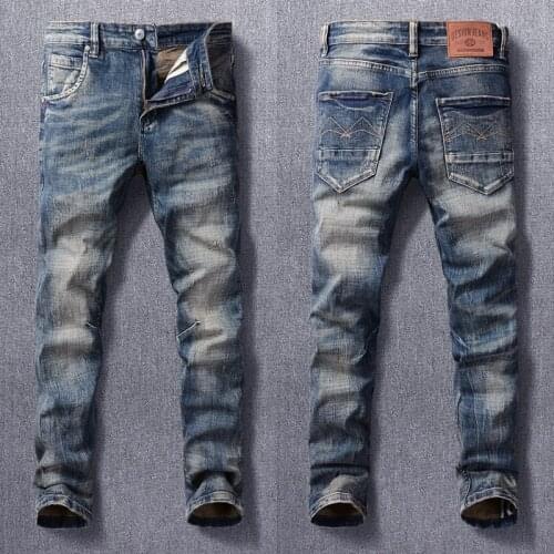 Italian Style Fashion Men Jeans High Quality Retro Dark Blue Elastic Slim Ripped Jeans Men Vintage Designer Casual Denim Pants