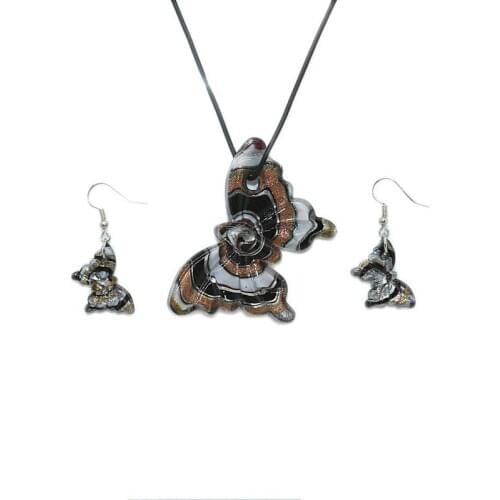 Black Butterfly Glass Necklace Earring Set Fashion Pendant Jewelry