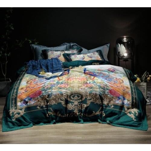 Garden Style Flowers and Birds Pattern bedding sets Queen size 4pcs Vintage Peacock Printed Decor Green duvet cover with Zipper