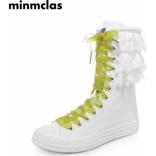 2019 Lace Sneakers Women Shoes Canvas Casual High Top Shoes Long Boots Lace-Up Zipper Comfortable Flat Boots Zapatillas Mujer