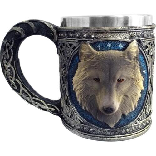 3D Wolf Head Mug Retro Wolf King Stainless Steel Drinking Cup Creative Resin Lining Tea Beer Coffee Mug Gift
