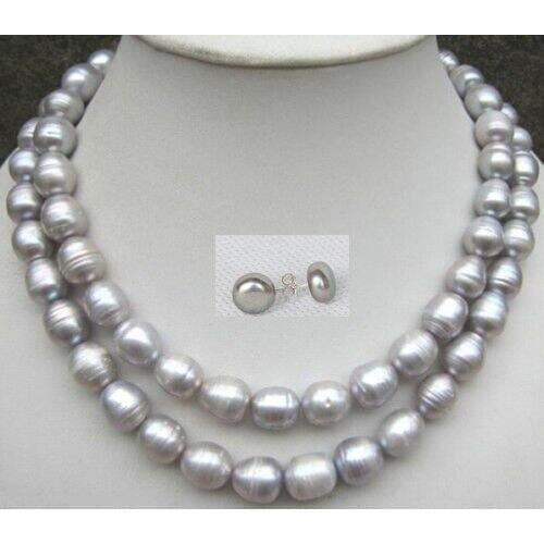 NEW 2 ROW AAA 11-13mm natural AAA tahitian silver gray pearl necklace earring set