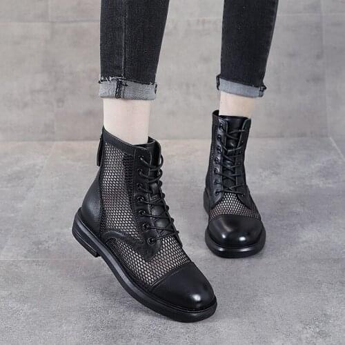 2021 New Hollow Short Boots Breathable Mesh Martin Boots Women Summer Thin Sandals Word British Style Genuine Leather Sandals